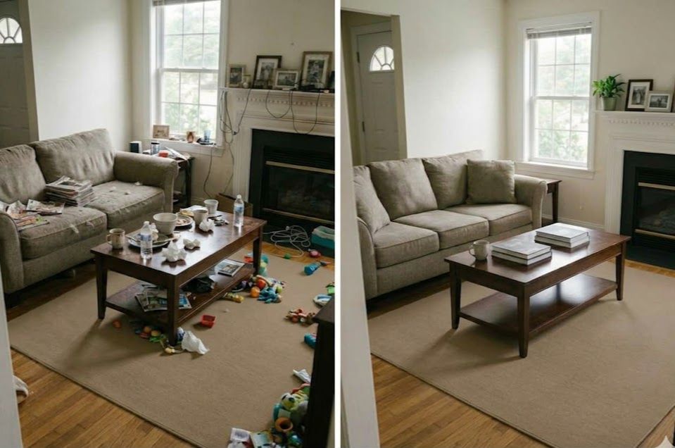 Living room before and after cleaning